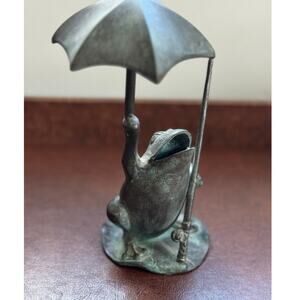 Vintage SPI Solid Brass Frog Fishing Umbrella Statue Made in Korea